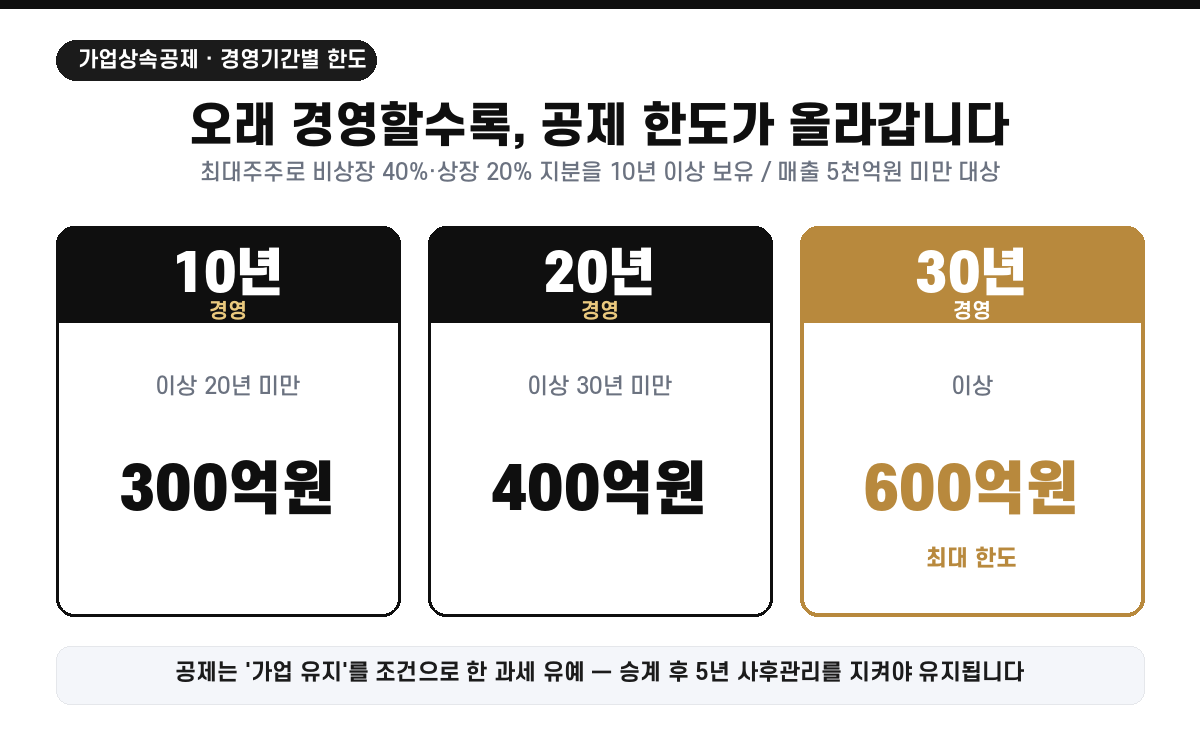 경영기간 10·20·30년 이상에 따라 가업상속공제 한도가 300억·400억·600억원으로 커지는 사다리 도표