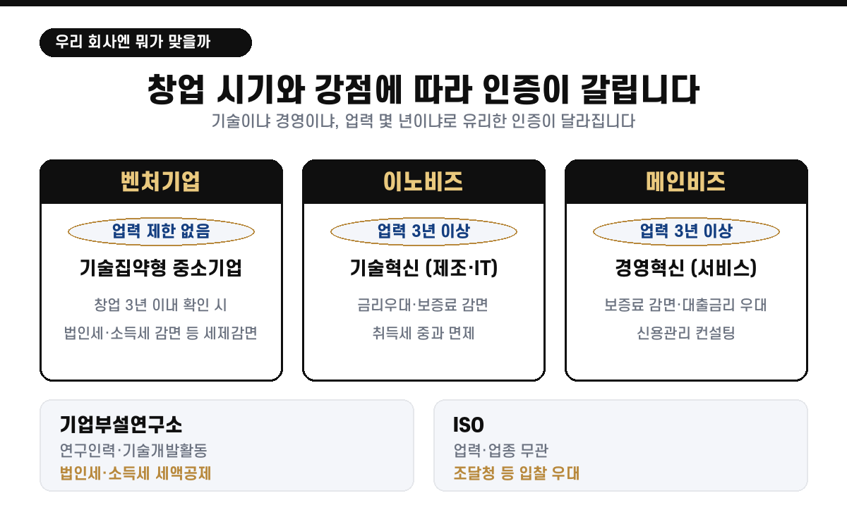중소기업 기업인증 종류별 적합 기업 — 벤처기업 기술집약형(업력 제한 없음·창업 3년 이내 확인 시 세제감면), 이노비즈 업력 3년 이상 기술혁신(제조·IT), 메인비즈 업력 3년 이상 경영혁신(서비스), 기업부설연구소 세액공제, ISO 입찰 우대