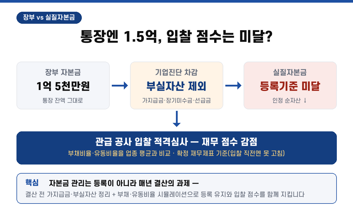 장부 자본금 1억 5천만원이라도 기업진단에서 가지급금·부실자산이 차감되면 실질자본금이 등록기준 미달 → 관급 입찰 적격심사 재무점수 감점