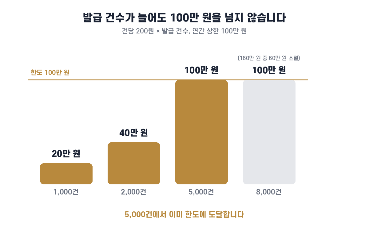 1000건 20만원, 2000건 40만원, 5000건 100만원 한도 도달, 8000건도 100만원으로 60만원 소멸을 보여주는 막대그래프